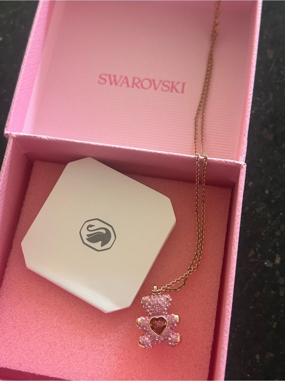 Swarovski Pink Crystal Teddy Bear Pendant Necklace with Rose Gold-Tone Chain